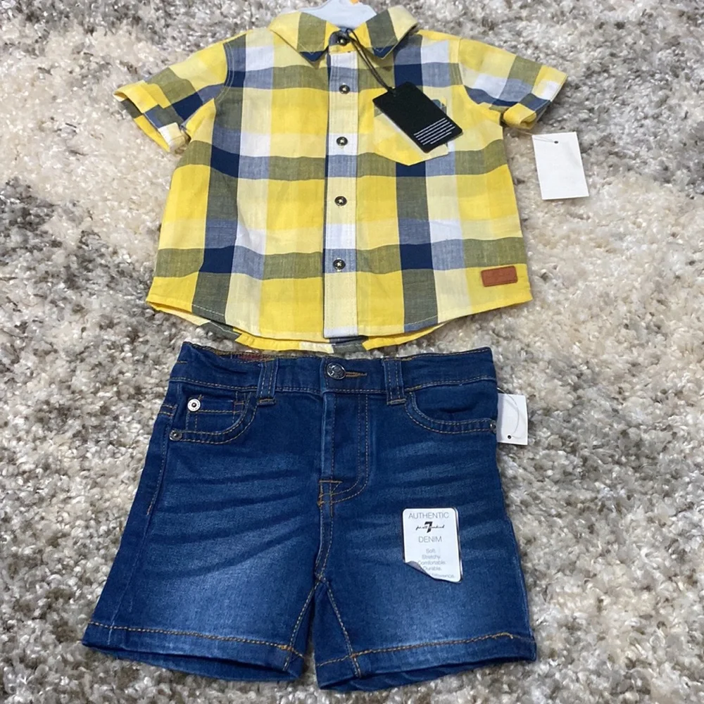 For All Mankind Baby Boy Denim Shorts Button Down Shirt Outfit Set